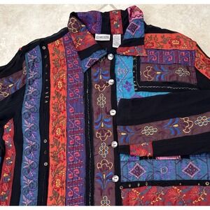 Chicos Quilted Shirt Jacket Sz 2/L Embroidered Shacket Button Front Semi Sheer
